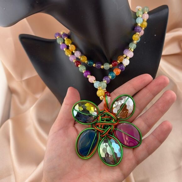 Rainbow Beaded Flower Pendant Necklace – Bold, Colorful & Totally Joyful - Picture 12 of 12